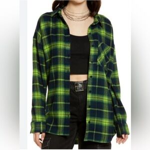 NWT BP+ Wildfang Oversized Workshirt Navy/Green Plaid Button Long Sleeve Flannel